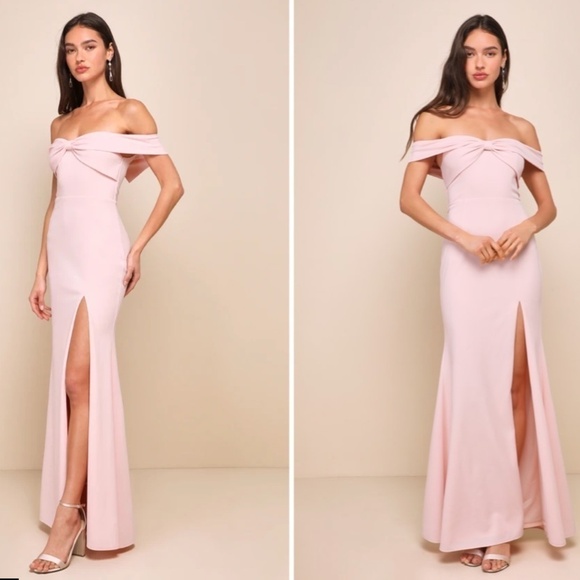 LULU's Chic Sexy Prom Wedding Off the Shoulder Light Pink Trumpet Maxi Dress - Picture 3 of 4